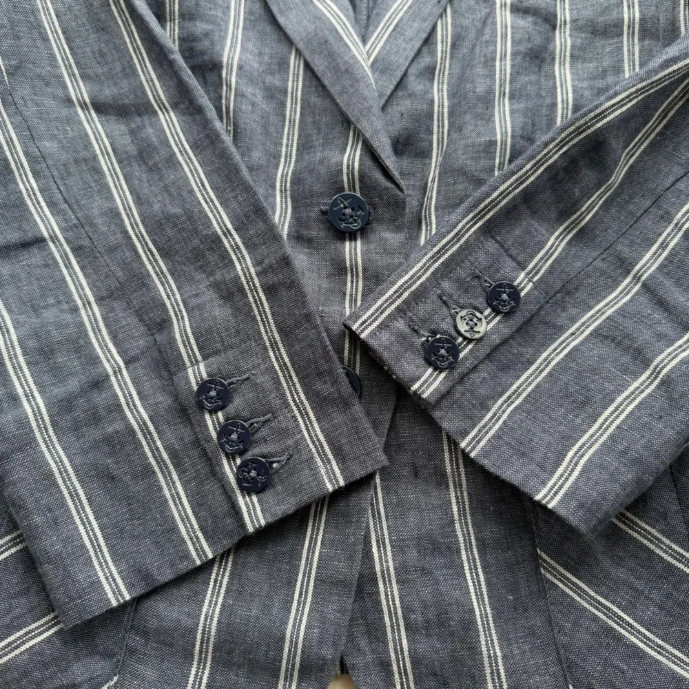 Cabi Women 8 Navy Blue White Stripe 100% Linen Anchor Button Blazer 871 Nautical